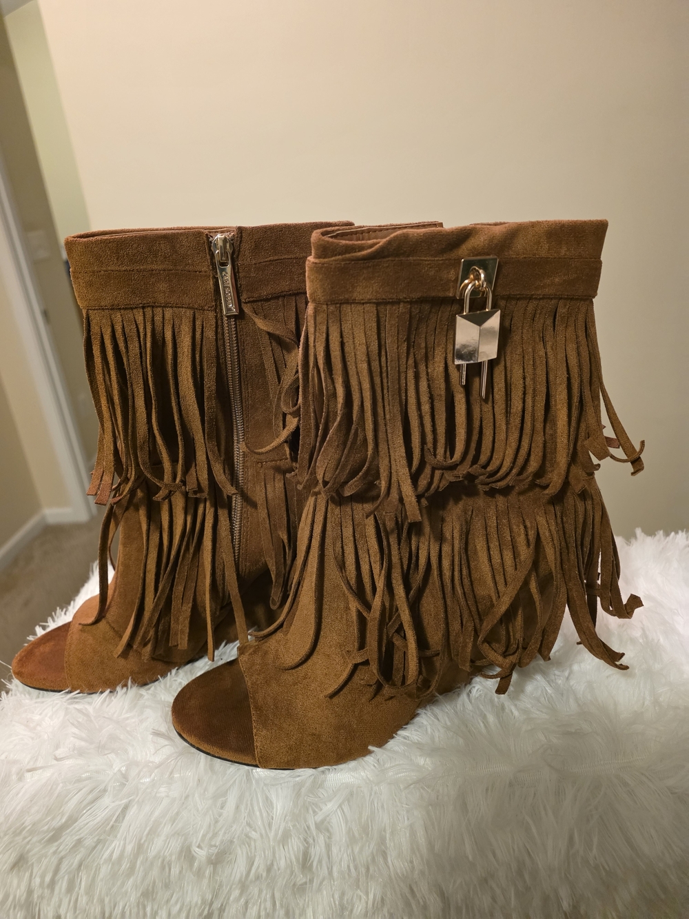 Women's Fringe Open-Toe Suede Mid-Calf Boot in Brown